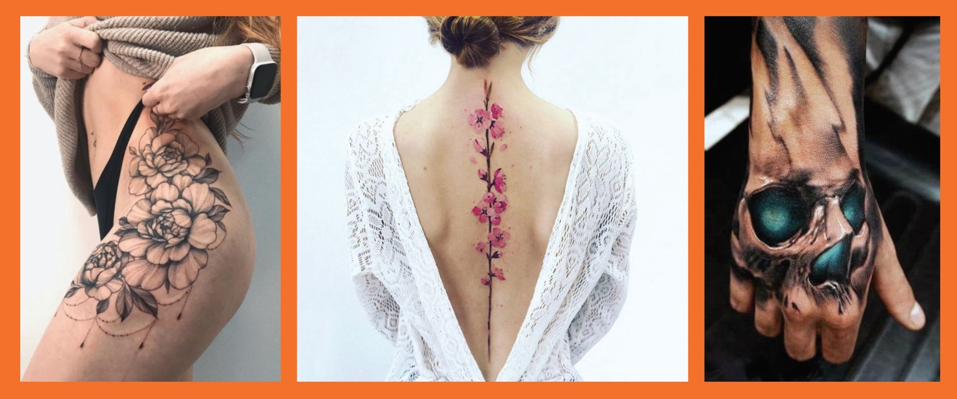 Medium Pain Tattoo upper outer thigh, spine, and hand tattoosupper outer thigh, spine, and hand tattoos