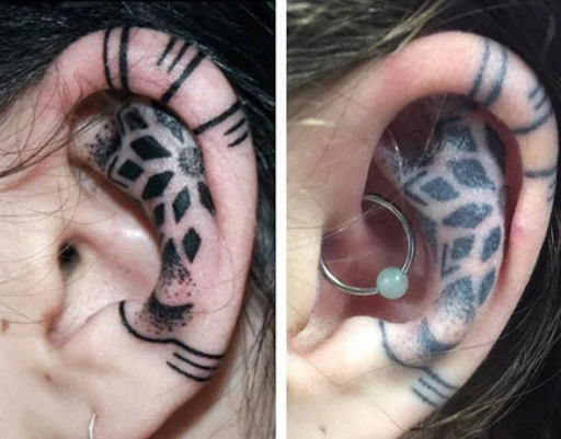 dots ear tattoo geometric shapes with tiny dots ear tattoo idea