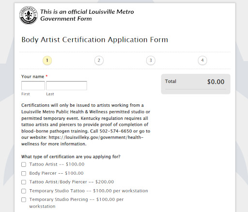 Kentucky Application Tattoo, body piercing application form